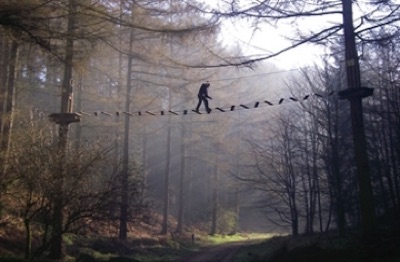 A rope bridge being traversed at Go nApe Dalby Forest
